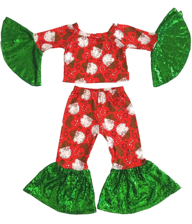 preorder GLP0650 Christmas Santa Claus red long sleeve green sequin pants girls set kids clothes