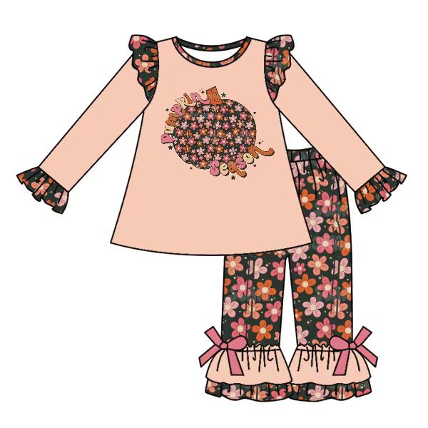 preorder GLP0655 Colorful flowers pumpkin long sleeve pants girls set kids clothes