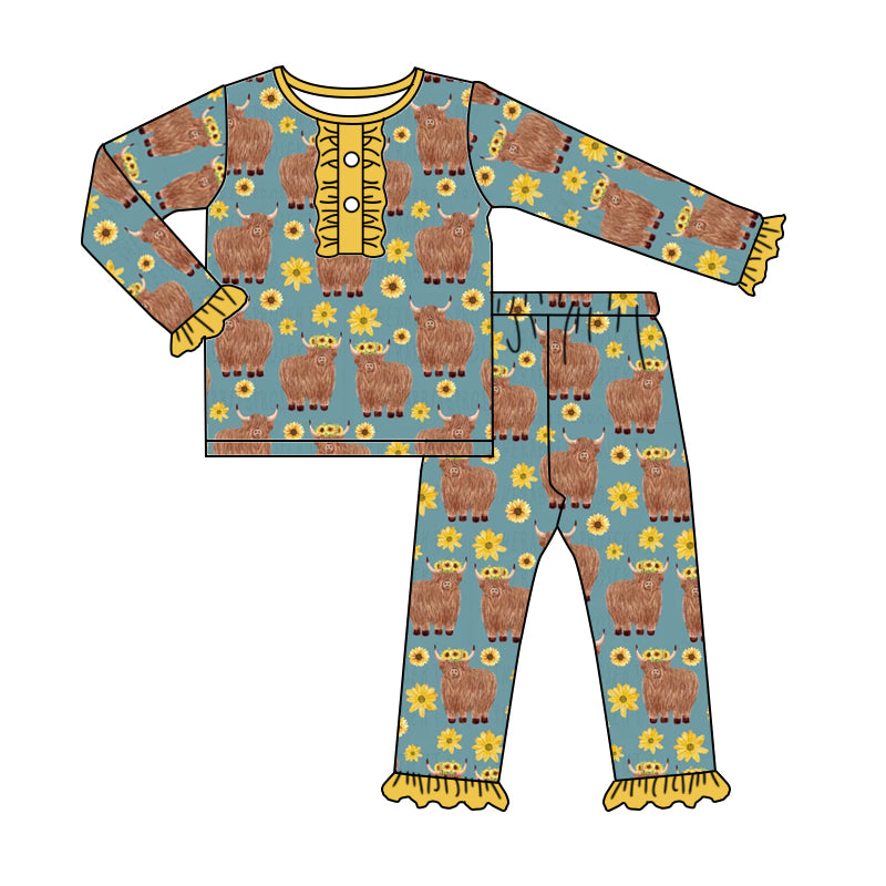 preorder GLP0670 Highland cow sunflowers long sleeve pants girls pajamas