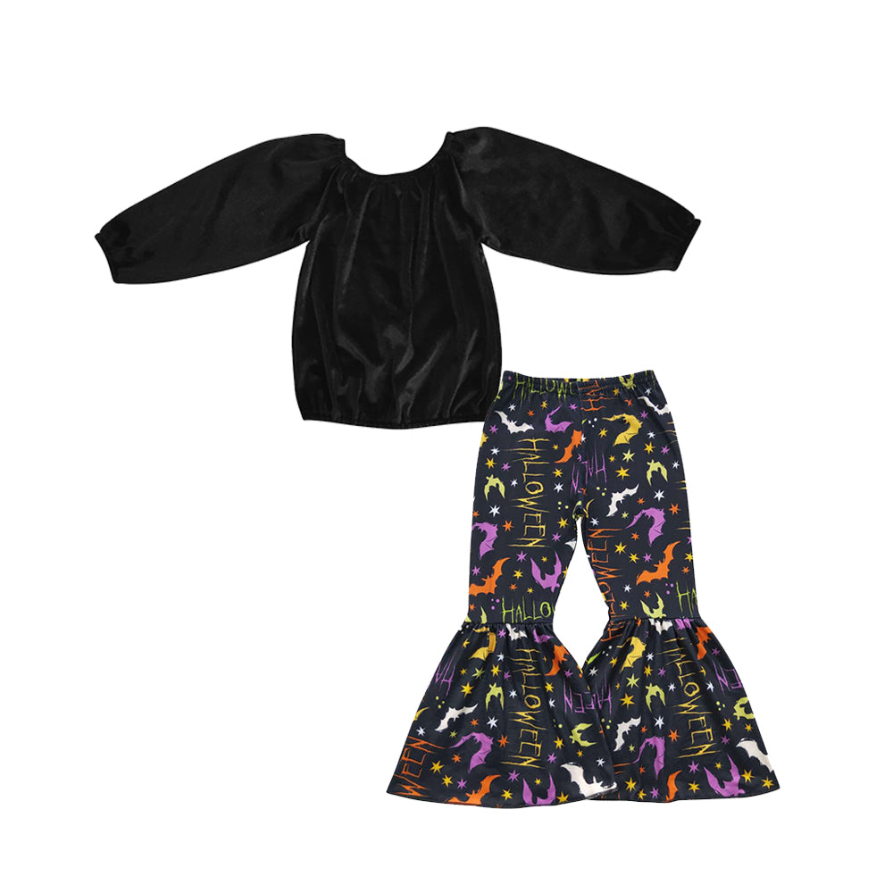 GLP0676 Black velvet long sleeve top halloween pants girls set