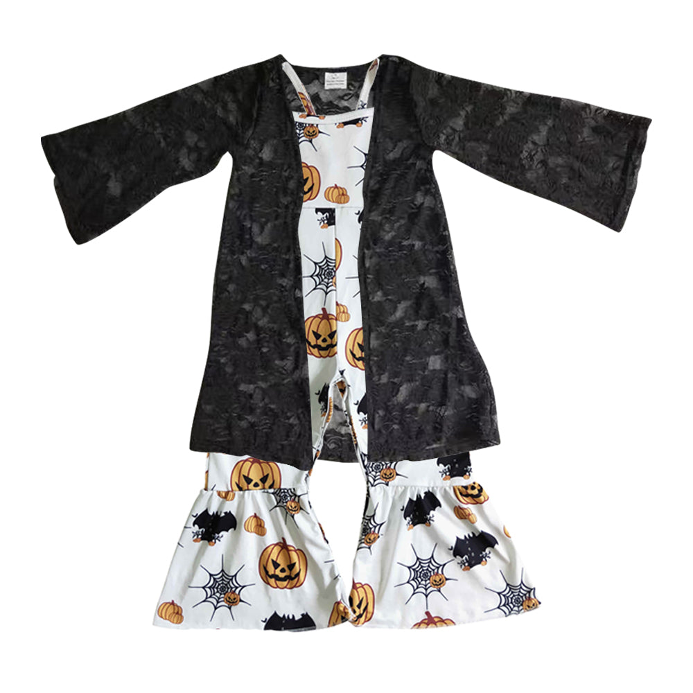 GLP0679 Halloween Black Lace Coat Fall Pumpkin Jumpsuits Girls Set