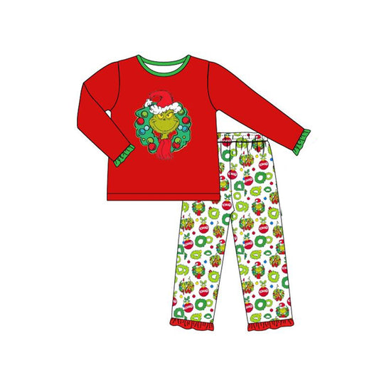 preorder GLP0691 Christmas green face long sleeve pants girls pajamas