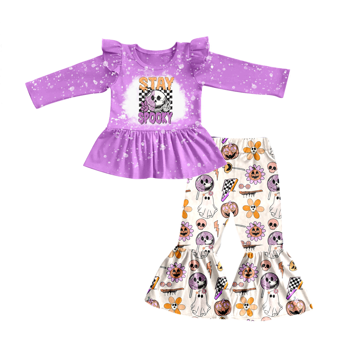 preorder GLP0697 Halloween stay spooky smile purple long sleeve pumpkin flowers pants girls set