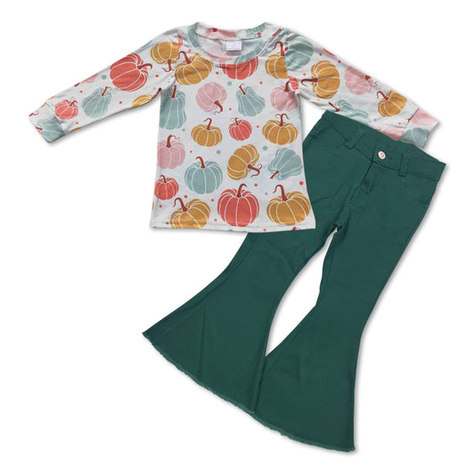 GLP0703 Colorful pumpkin long sleeve green denim pants girls set