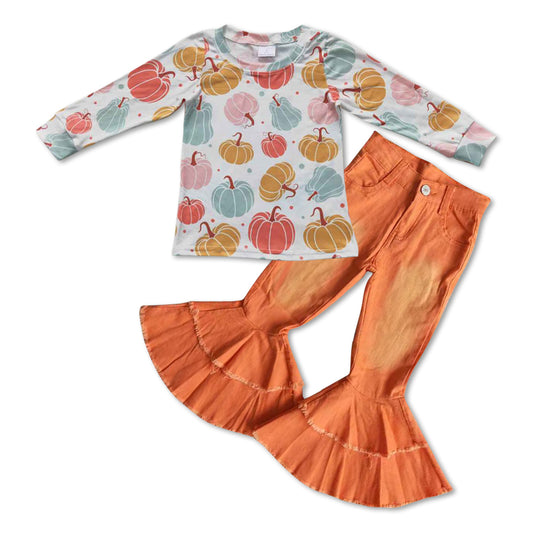 GLP0704 Colorful pumpkin long sleeve orange denim pants girls set