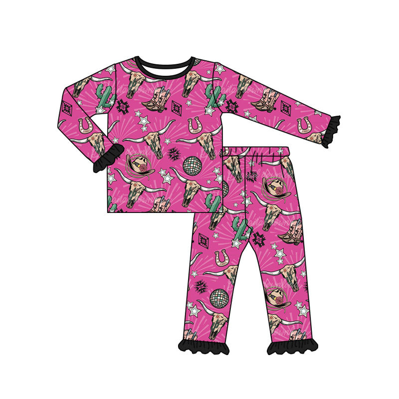 preorder GLP0716 Western cow cactus hot pink long sleeve pants girls pajamas