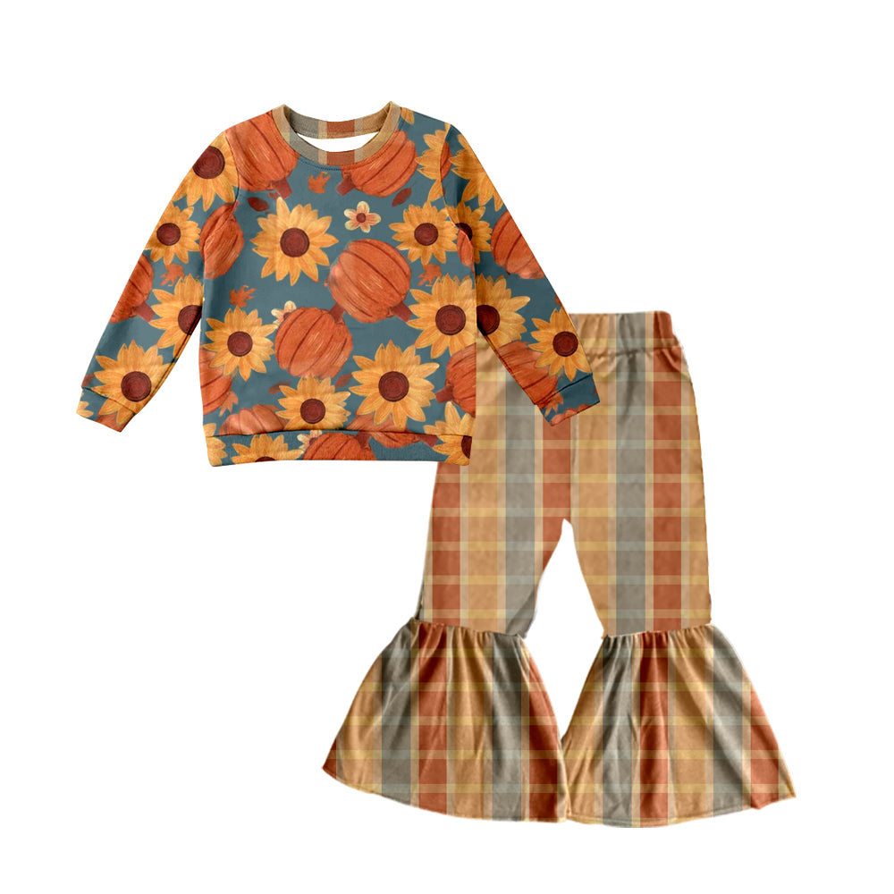 preorder GLP0741 Sunflowers pumpkin long sleeve colorful plaid pants girls set