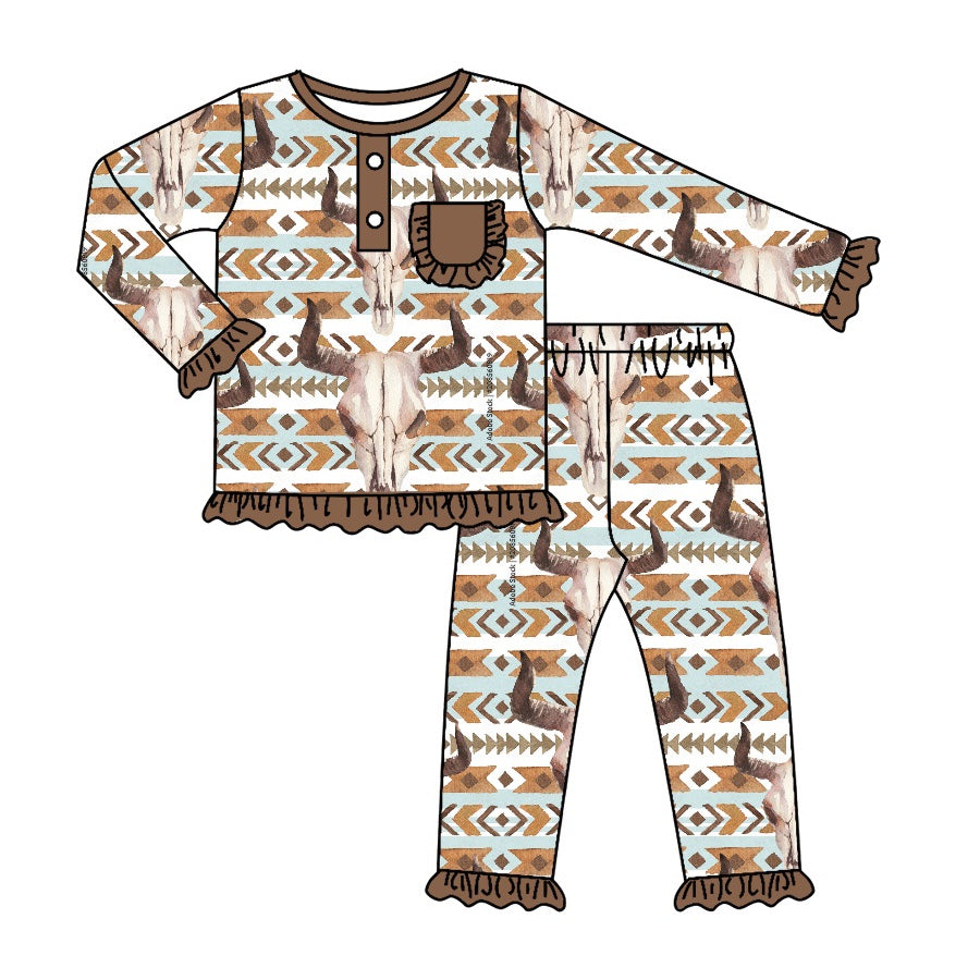 preorder GLP0758 Western cow aztec long sleeve girls pajamas