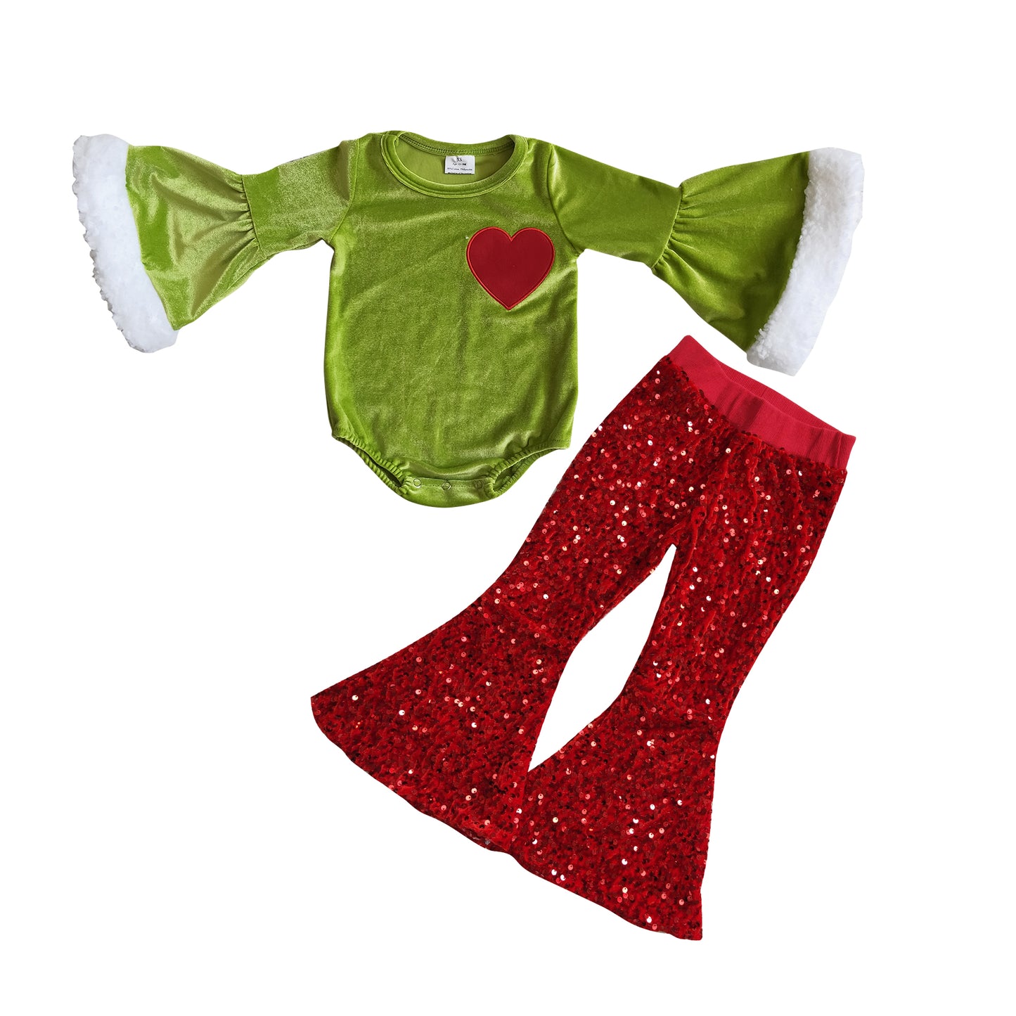 GLP0762 Green heart leotard long sleeve romper red sequin pants girls set