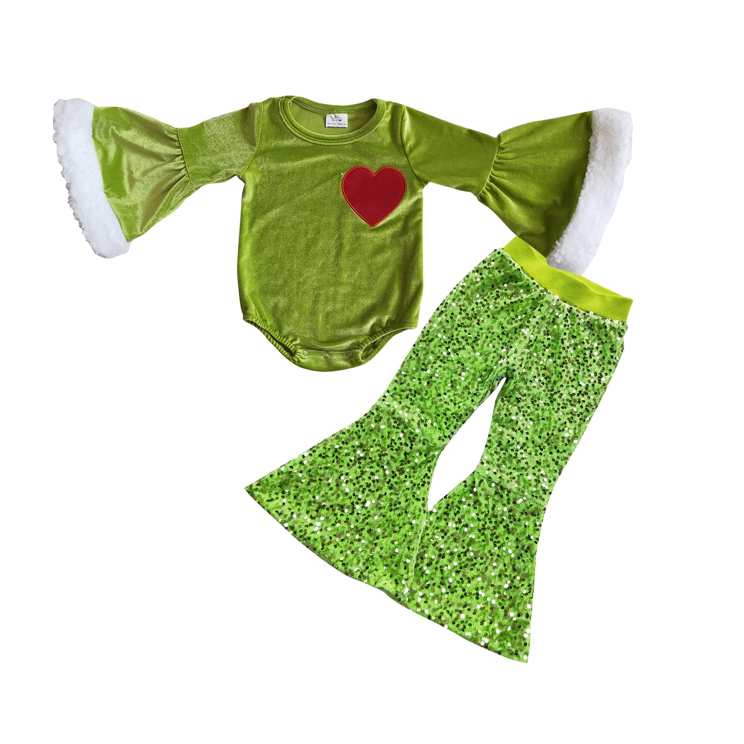 GLP0763 Green heart leotard long sleeve romper green sequin pants girls set