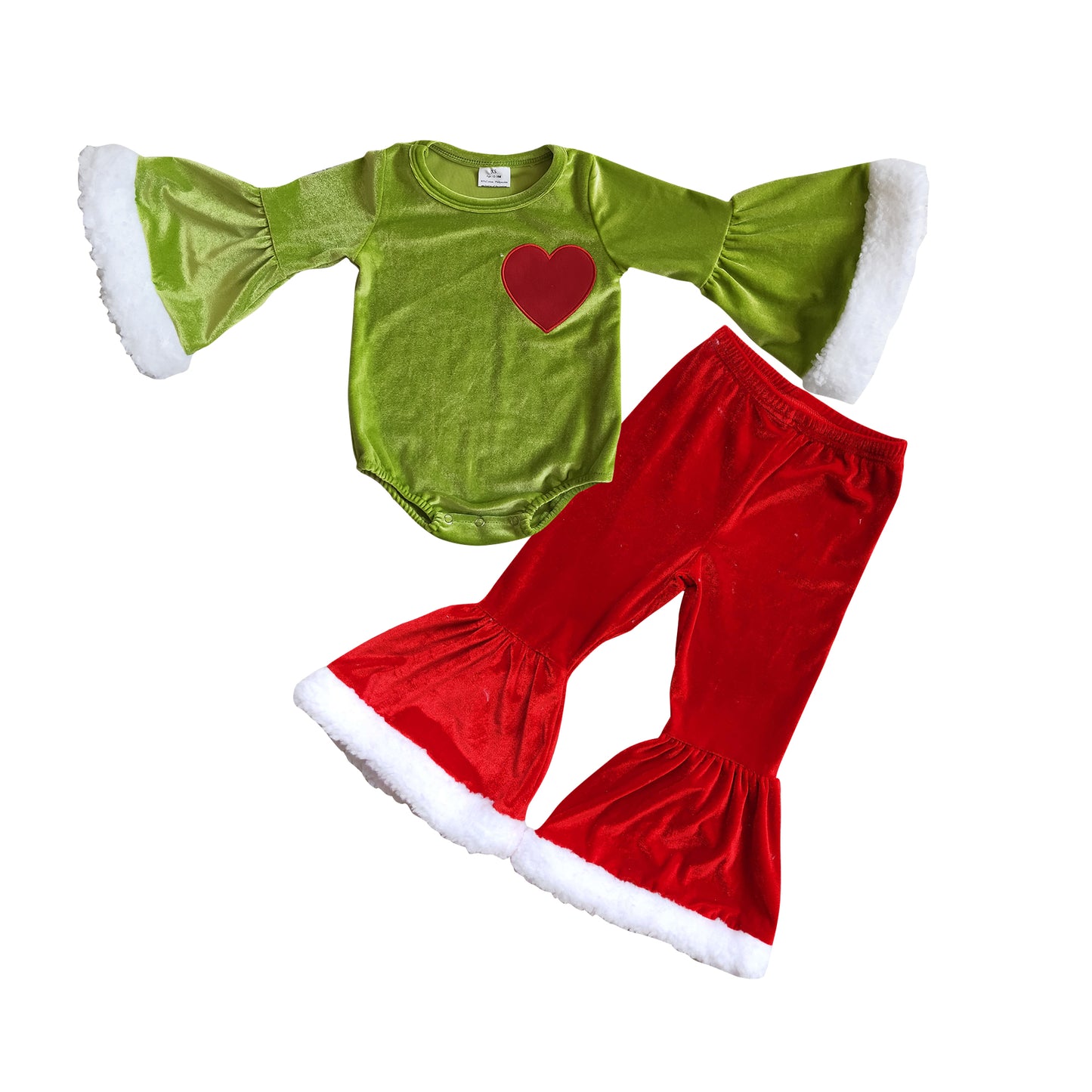 GLP0765 Green heart leotard long sleeve romper red velvet pants girls set