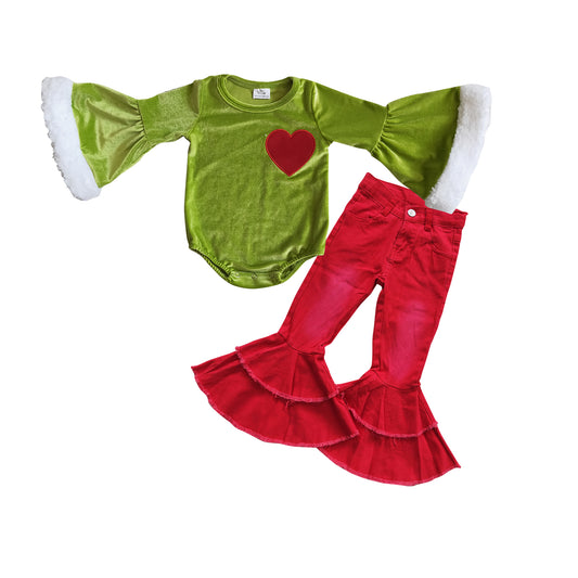 GLP0766 Green heart leotard long sleeve romper red denim pants girls set
