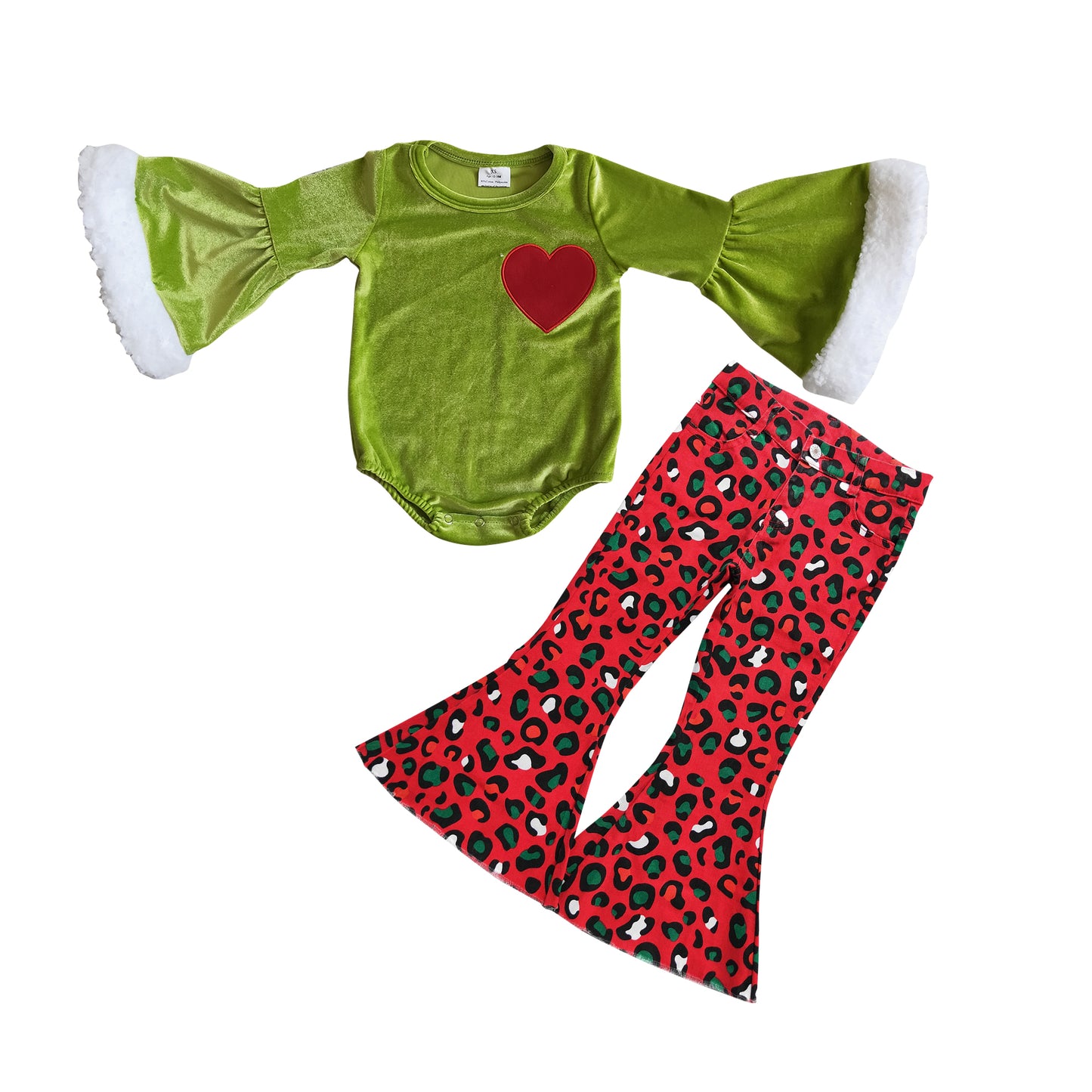 GLP0767 Green heart leotard long sleeve romper red leopard denim pants girls set