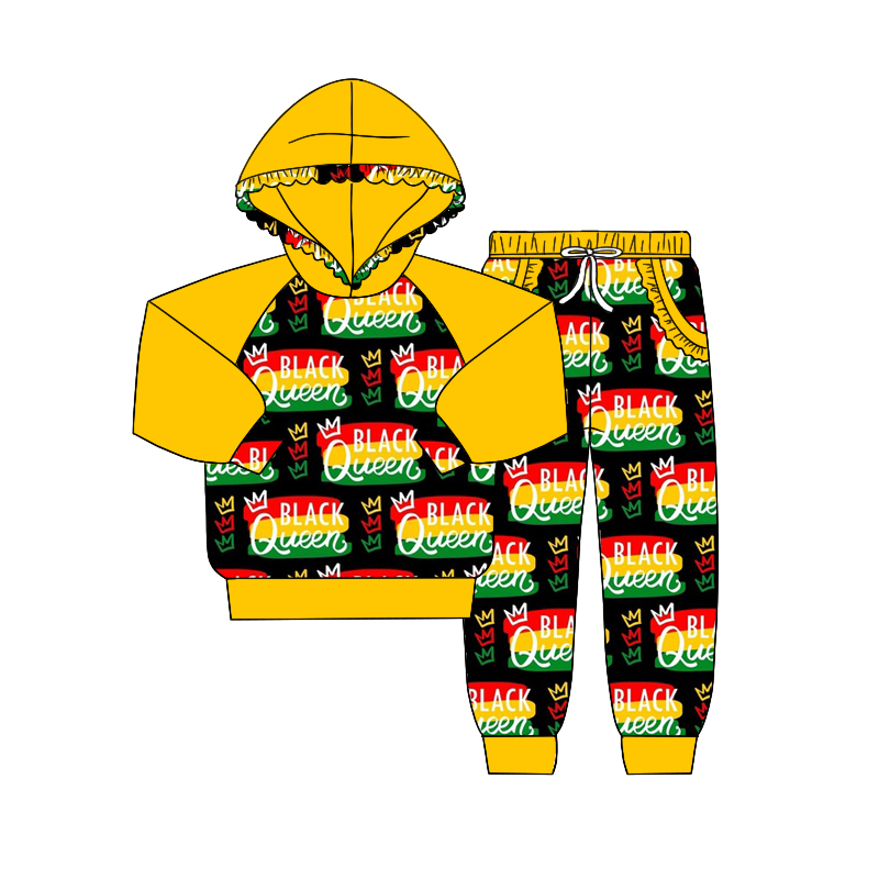 preorder GLP0856 Black queen yellow hoodie long sleeve pants kids set