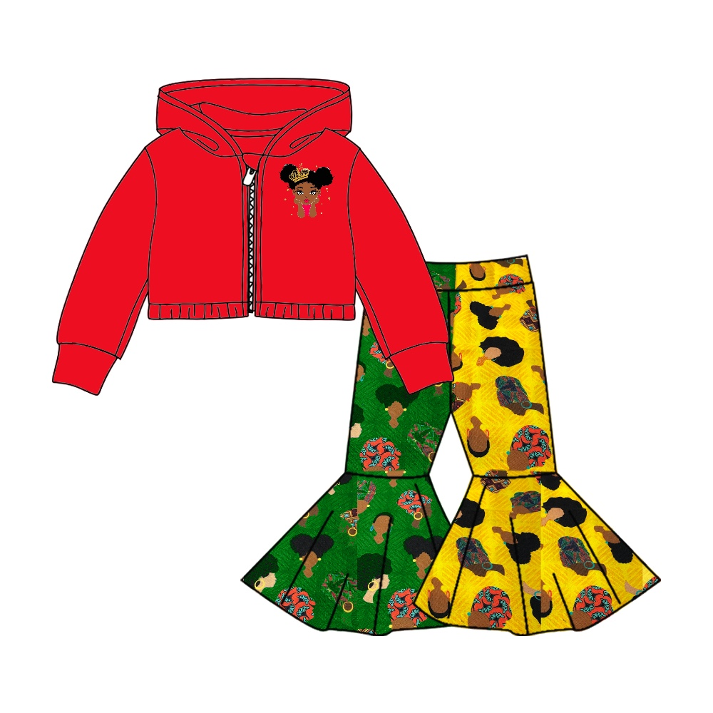 preorder GLP0857 Little cartoon girls red hoodie coat yellow & green pants girls set