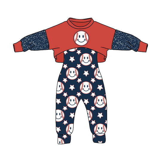 preorder GLP0860 Baseball red long sleeve blue jumpsuit girls set