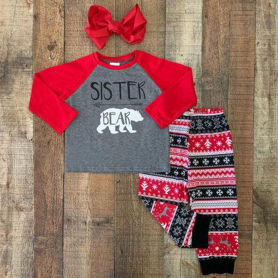 preorder GLP0869 Christmas bear red long sleeve pants girls pajamas