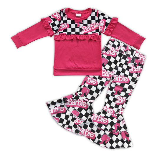 GLP0870 BA cartoon hot pink long sleeve top black plaid denim pants girls set