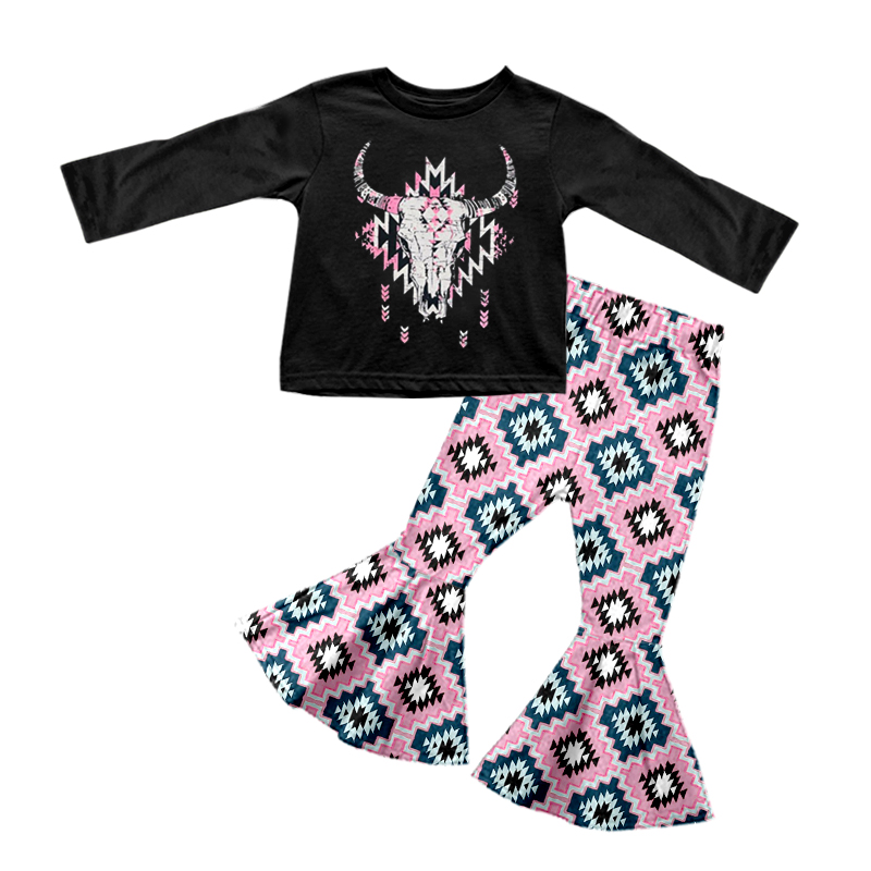 preorder GLP0872 Western cow black long sleeve Aztec pink pants girls set