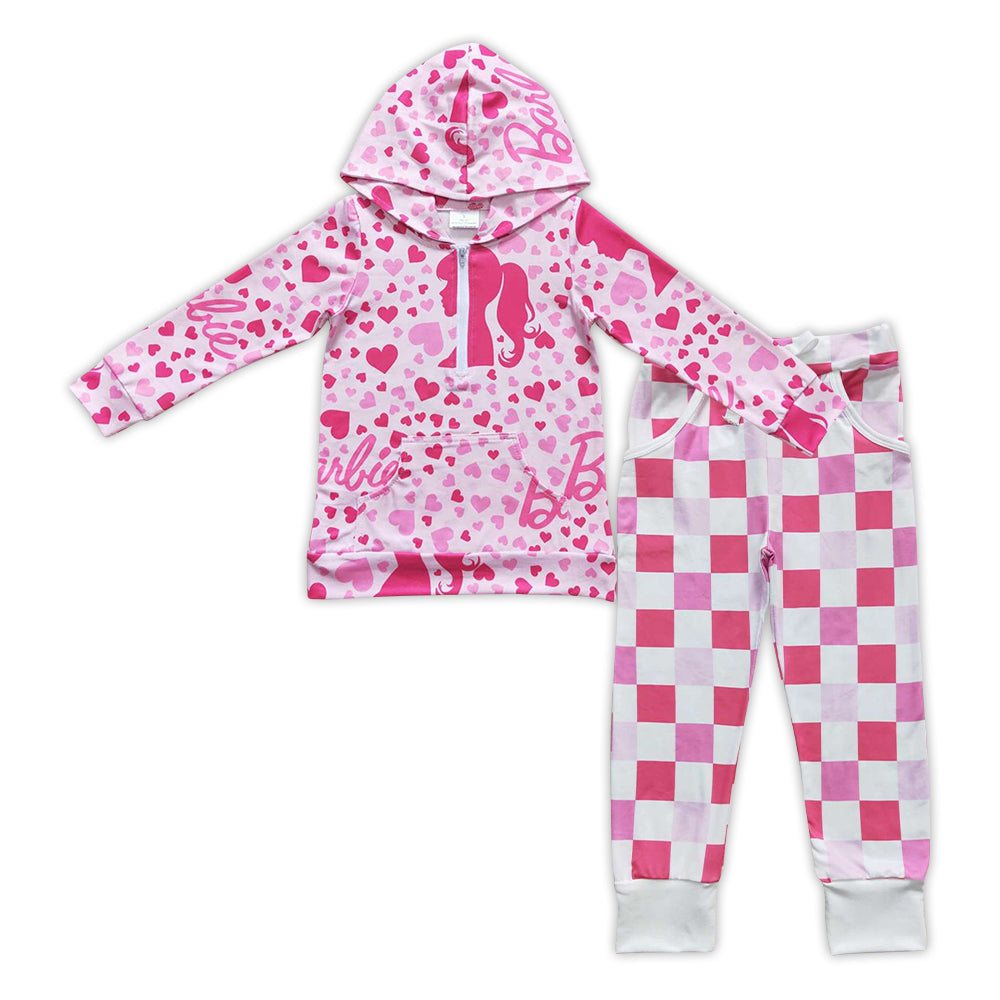 GLP0879 BA pink hoodie long sleeve pink plaid pants girls set