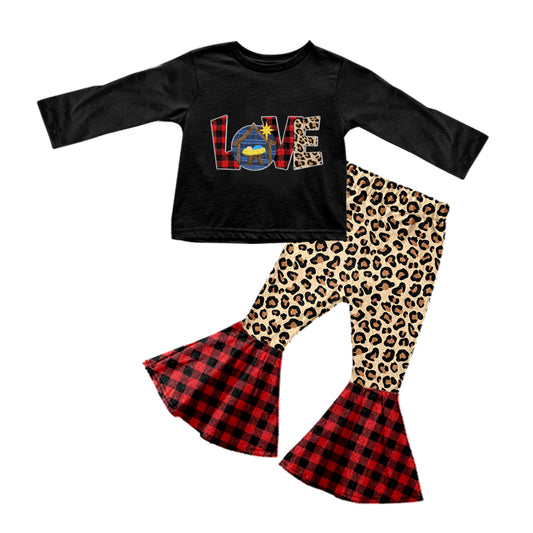 preorder GLP0884 Easter The Nativity Story black long sleeve top leopard pants girls set