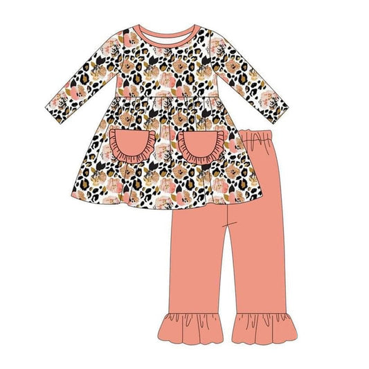 preorder GLP0893 Flowers leopard pockets long sleeve pink pants girls set