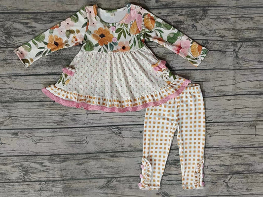 preorder GLP0896 Flowers long sleeve checkered pants girls set