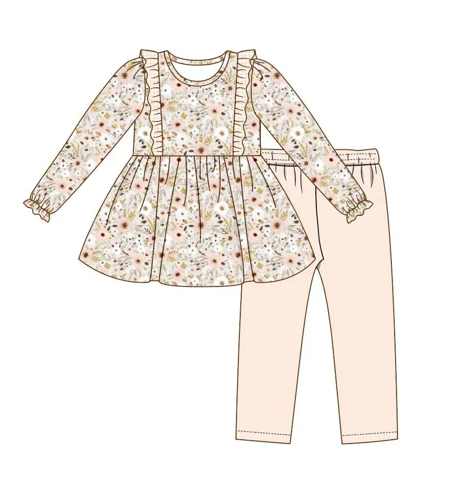 preorder GLP0897 Flowers ruffles long sleeve pink pants girls set