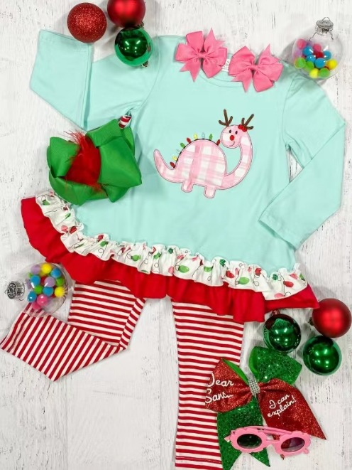 preorder GLP0919 Christmas dinosaur deer green long sleeve red striped girls set