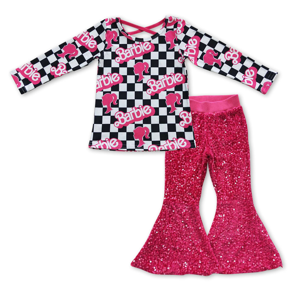 preorder GLP0922 BA black checkered long sleeve hot pink sequin pants girls set