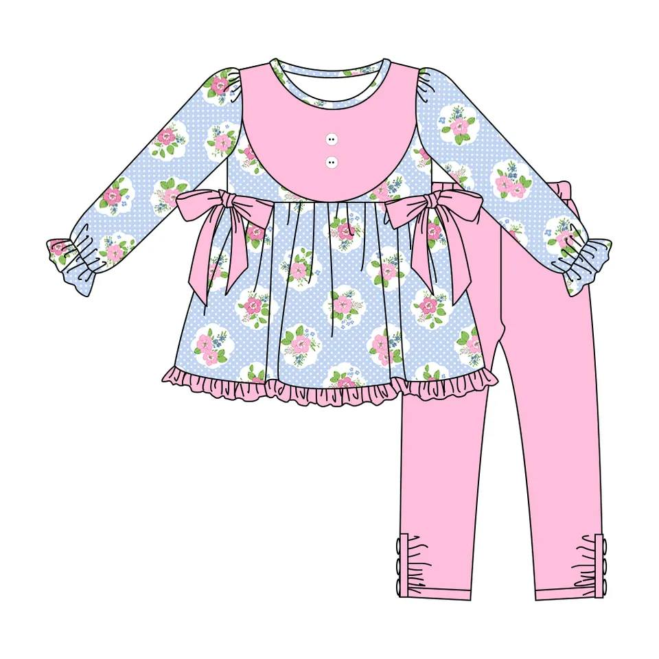 preorder GLP0929 Pink flowers blue long sleeve pink pants girls set