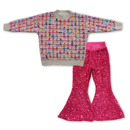 preorder GLP0930 Colorful long sleeve sweater hot pink sequin pants girls set