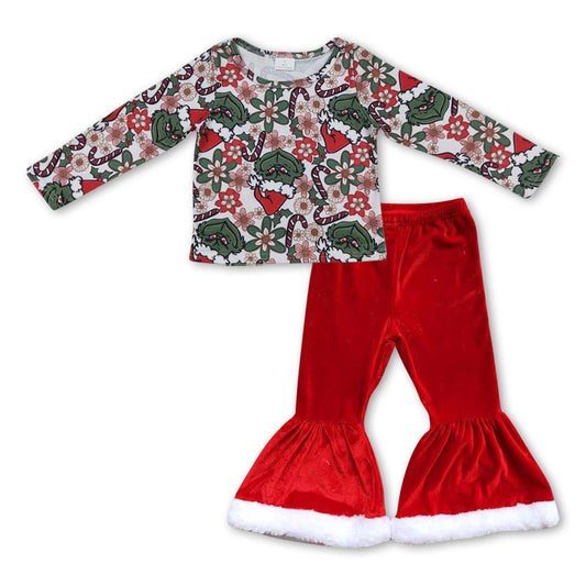 GLP0931 Christmas green face long sleeve red velvet pants girls set