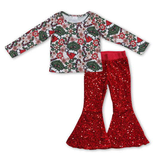 GLP0931 Christmas green face long sleeve red sequin pants girls set