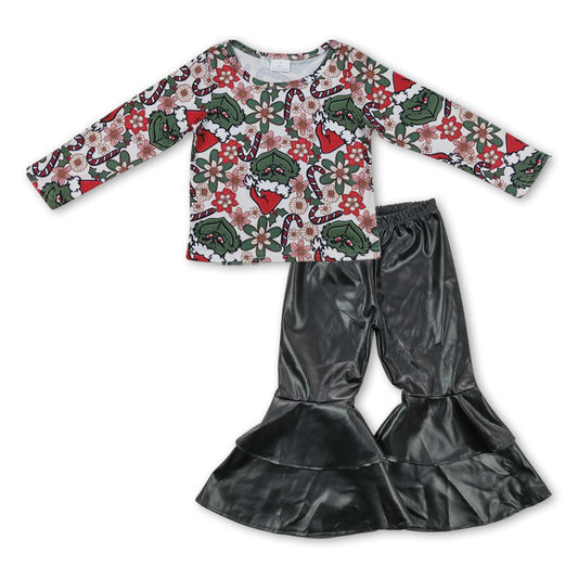GLP0933 Christmas green face long sleeve black leather pants girls set