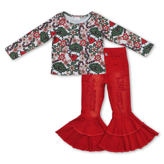 GLP0934 Christmas green face long sleeve red hole denim pants girls set