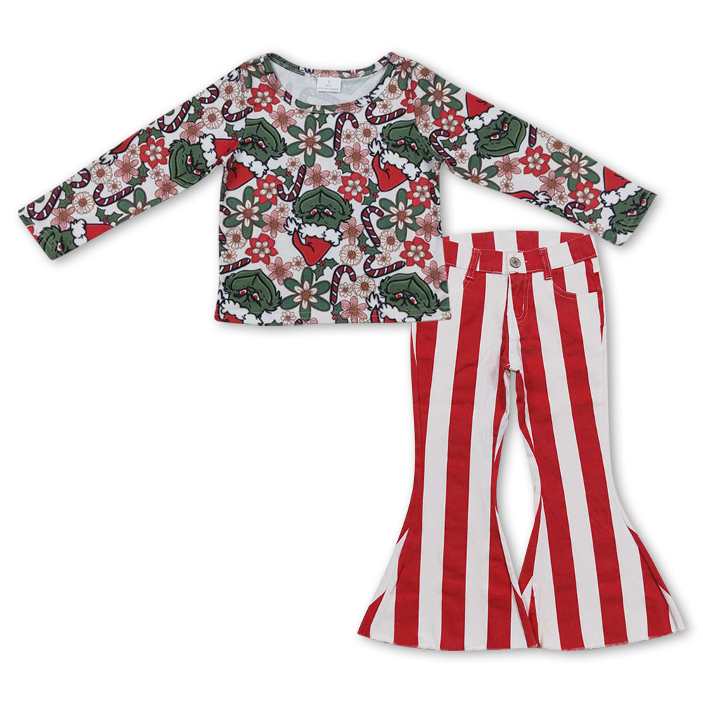 GLP0935 Christmas green face long sleeve red striped denim pants girls set