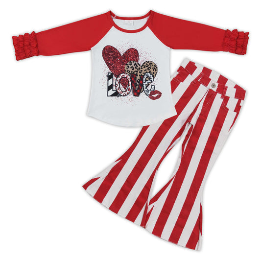 GLP0936 Love leopard heart long sleeve red striped denim pants girls set