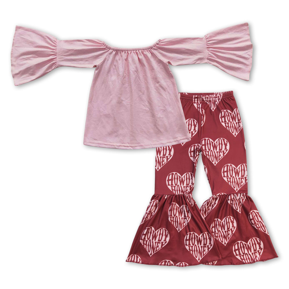 GLP0942 Pink velvet long sleeve howdy red heart pants girls set
