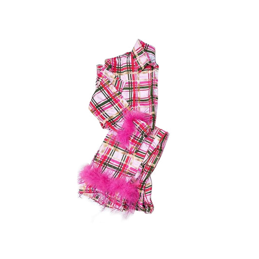 preorder GLP0955 Hot pink striped plush long sleeve pants girls pajamas