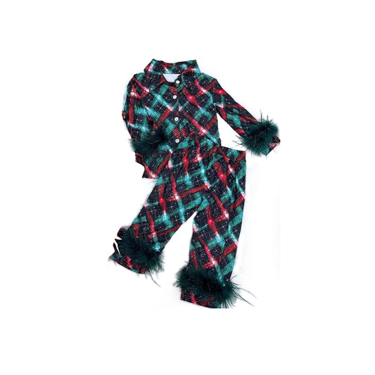preorder GLP0957 Dark green striped plush long sleeve pants girls pajamas