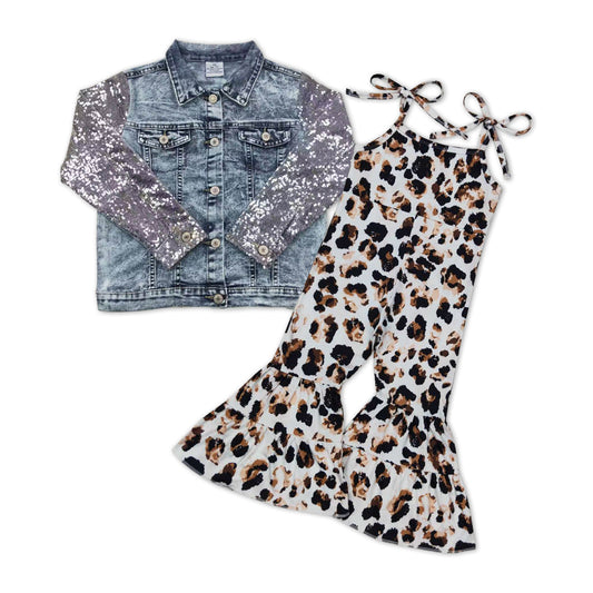 GLP0965 Sequin denim coat leopard jumpsuits girls set