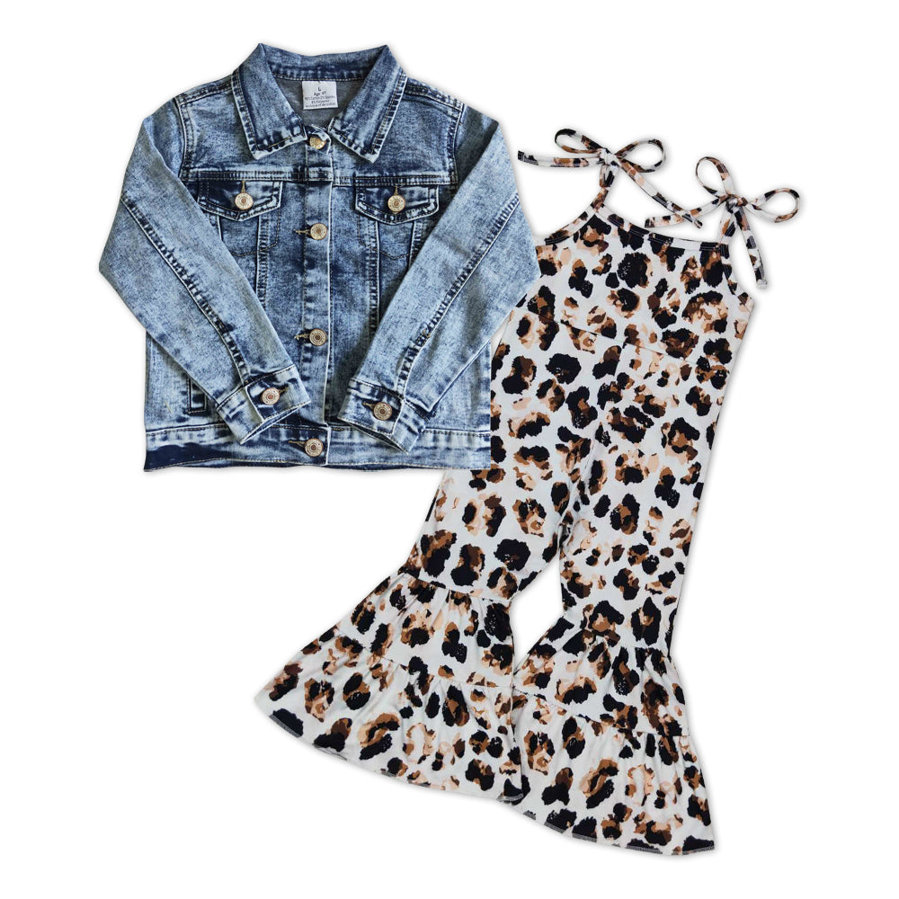 GLP0966 Blue denim coat leopard jumpsuits girls set