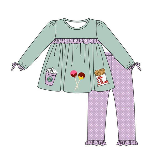 preorder GLP0969 Coffee candy fried chicken green long sleeve purple dot pants girls set