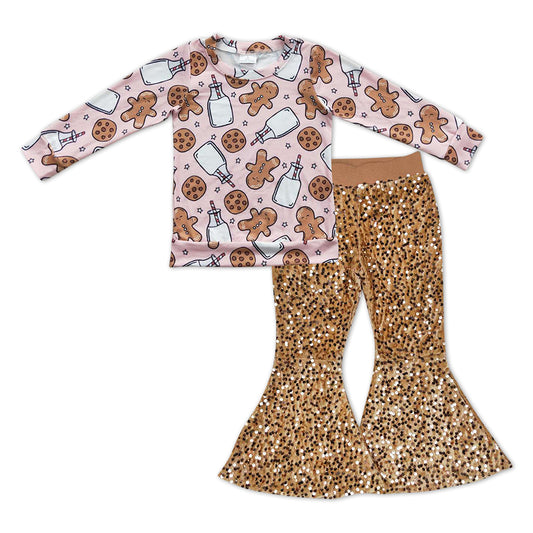 GLP0972 Christma gingerbread man milk long sleeve khaki sequin pants girls set