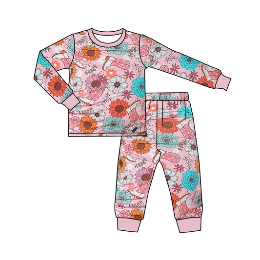 preorder GLP0977 Western boot flowers pink long sleeve pants girls pajamas