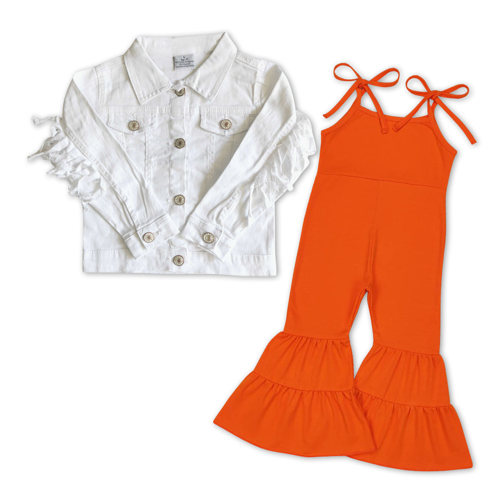 GLP0981 White tassels denim long sleeve coat orange cotton jumpsuit girls set