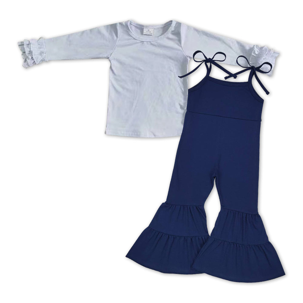 GLP0982 White long sleeve navy blue cotton jumpsuit girls set