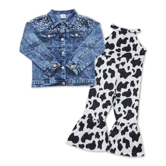 GLP01001 Pearl denim jacket cow print jumpsuit girls set