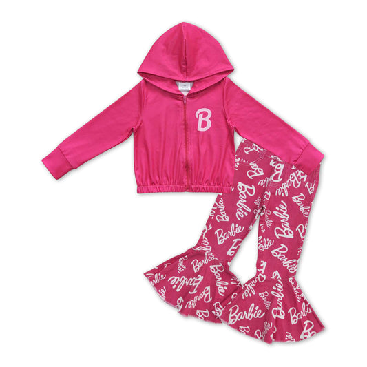 GLP1003 Hot pink zipper hoodie denim pants girls set